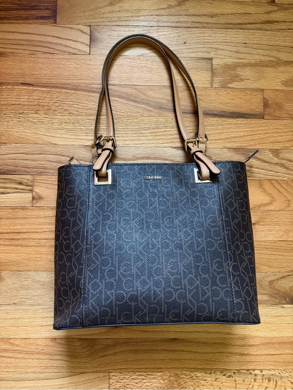 Calvin Klein Dark Brown Monogram Tote with Tan Handles